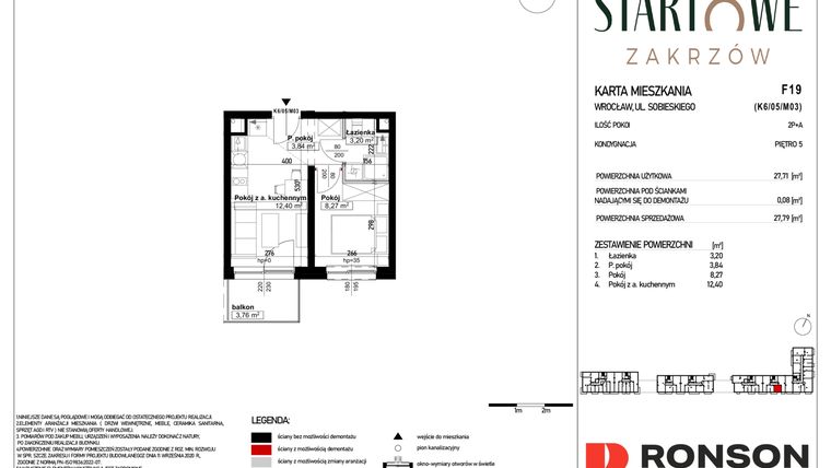 Rzut - Mieszkanie na sprzedaż 2 pokoje o powierzchni 27,79 m² - numer F19 w Osiedle Startowe