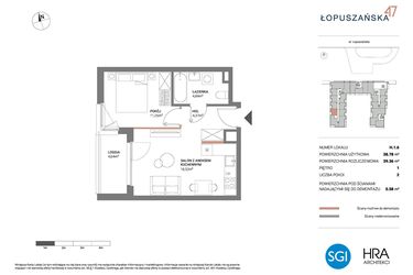 Rzut - Mieszkanie na sprzedaż 2 pokoje o powierzchni 39,36 m² - numer H.1.6 w Łopuszańska 47 - etap 3