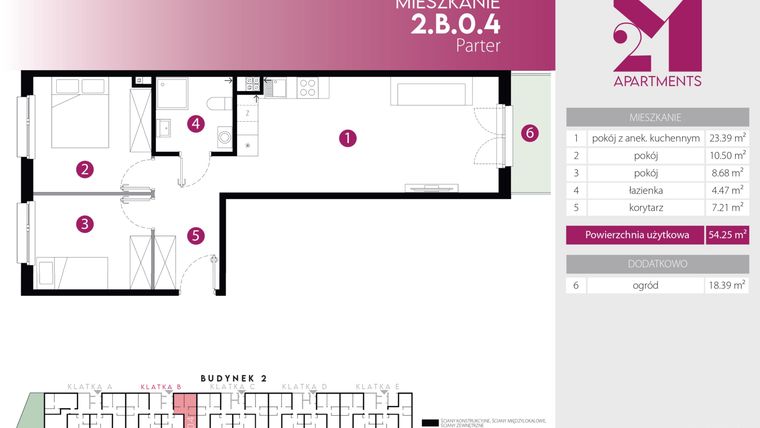 Rzut - Mieszkanie na sprzedaż 3 pokoje o powierzchni 54,25 m² - numer 2.B.0.4 w Maślice Wrocław Milo Dobry Deweloper etap III