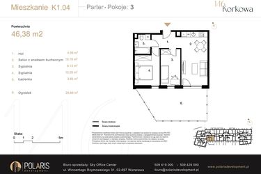 Rzut - Mieszkanie na sprzedaż 3 pokoje o powierzchni 46,37 m² - numer K1.04 w Korkowa 146