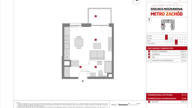 Rzut - Mieszkanie na sprzedaż 1 pokój o powierzchni 27,86 m² - numer A.49 w Dzielnica Mieszkaniowa Metro Zachód - etap 8.1