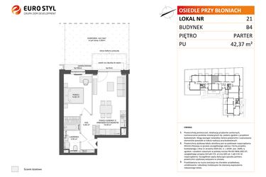 Rzut - Mieszkanie na sprzedaż 2 pokoje o powierzchni 42,37 m² - numer B4.21 w Osiedle Przy Błoniach 3 etap III