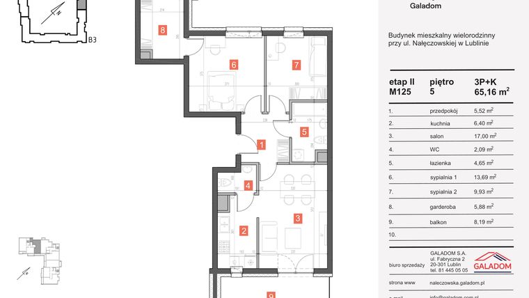 Rzut - Mieszkanie na sprzedaż 3 pokoje o powierzchni 65,16 m² - numer M-125 w Nałęczowska etap II