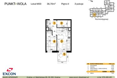 Rzut - Mieszkanie na sprzedaż 2 pokoje o powierzchni 36,7 m² - numer M30 w Punkt Wola