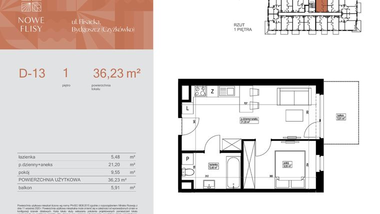 Rzut - Mieszkanie na sprzedaż 2 pokoje o powierzchni 36,23 m² - numer M13_NF.d w Nowe Flisy II