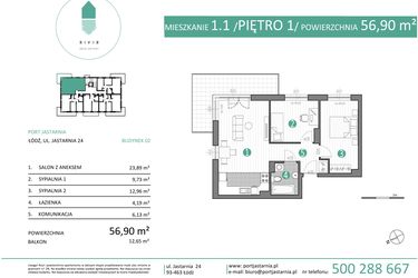 Rzut - Mieszkanie na sprzedaż 3 pokoje o powierzchni 56,9 m² - numer 02.1.1 w Port Jastarnia bud. 02, 03