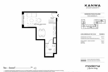 Rzut - Mieszkanie na sprzedaż 1 pokój o powierzchni 36,45 m² - numer C.03.02 w KANWA