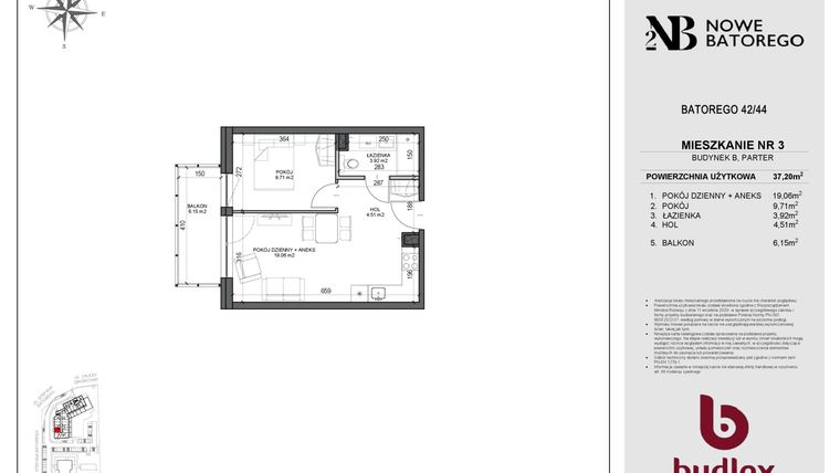 Rzut - Mieszkanie na sprzedaż 2 pokoje o powierzchni 37,2 m² - numer B3 w Nowe Batorego 2