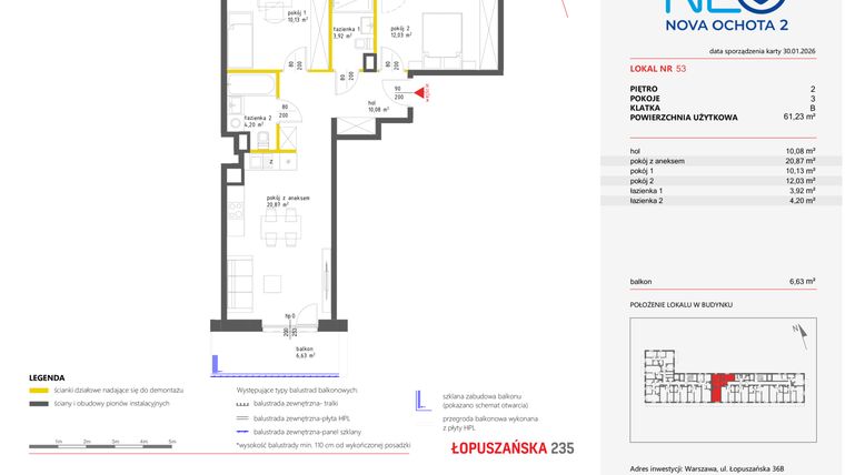 Rzut - Mieszkanie na sprzedaż 3 pokoje o powierzchni 61,11 m² - numer 53 w Neo Nova Ochota 2