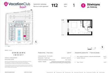 Rzut - Mieszkanie na sprzedaż 1 pokój o powierzchni 22,8 m² - numer 112 w VacationClub Resort