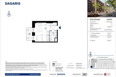 Rzut - Mieszkanie na sprzedaż 1 pokój o powierzchni 26,22 m² - numer AA0109 w Niedziałkowskiego Park