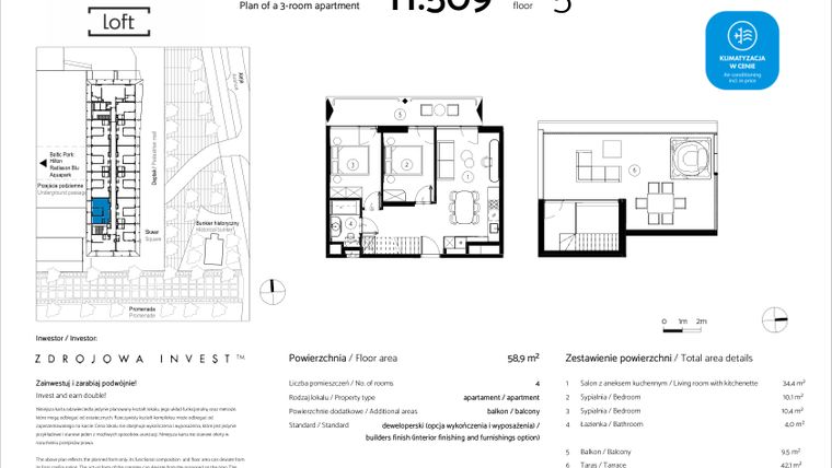 Rzut - Mieszkanie na sprzedaż 3 pokoje o powierzchni 58,9 m² - numer H.509 w Baltic Park Loft