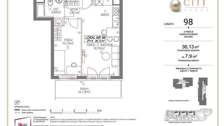 Rzut - Mieszkanie na sprzedaż 2 pokoje o powierzchni 36,13 m² - numer 98 w Comfort City Perła