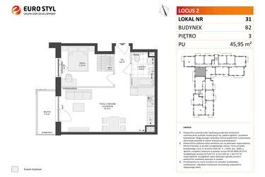 Rzut - Mieszkanie na sprzedaż 2 pokoje o powierzchni 45,95 m² - numer 31 w Locus 2 bud. B2