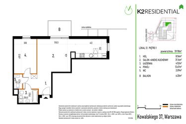 Rzut - Mieszkanie na sprzedaż 2 pokoje o powierzchni 59,98 m² - numer 13 w Kowalskiego 37