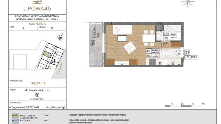 Rzut - Mieszkanie na sprzedaż 1 pokój o powierzchni 26,09 m² - numer A37 w Lipowa 45