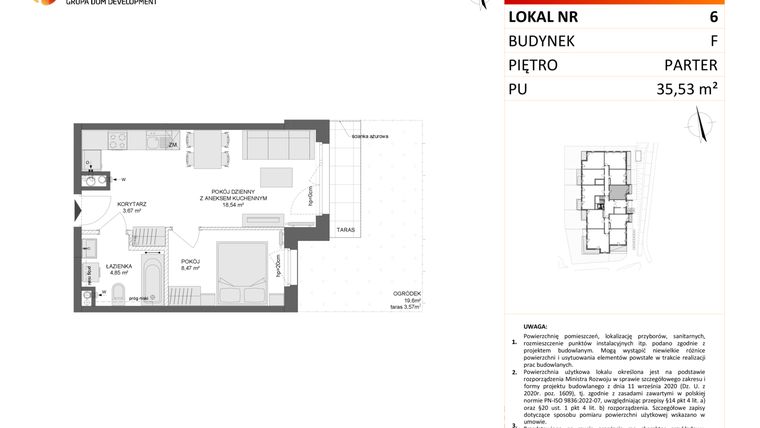 Rzut - Mieszkanie na sprzedaż 2 pokoje o powierzchni 35,53 m² - numer F.6 w Osiedle Synteza etap IV