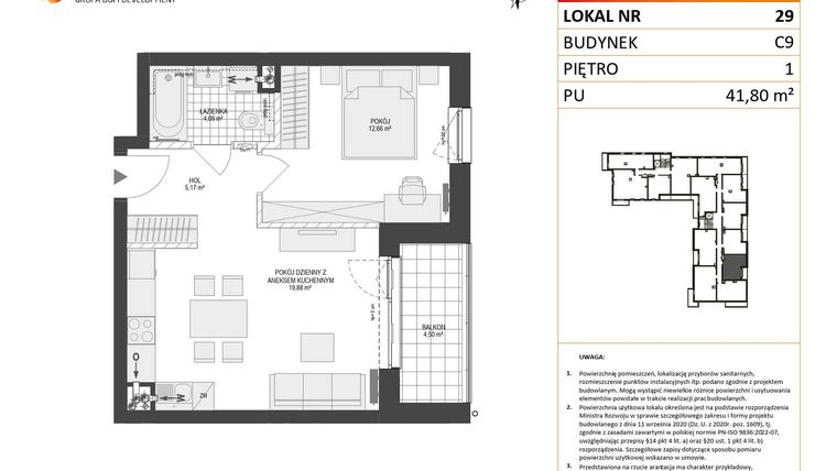 Rzut - Mieszkanie na sprzedaż 2 pokoje o powierzchni 41,8 m² - numer C9.29 w Konstelacja etap V