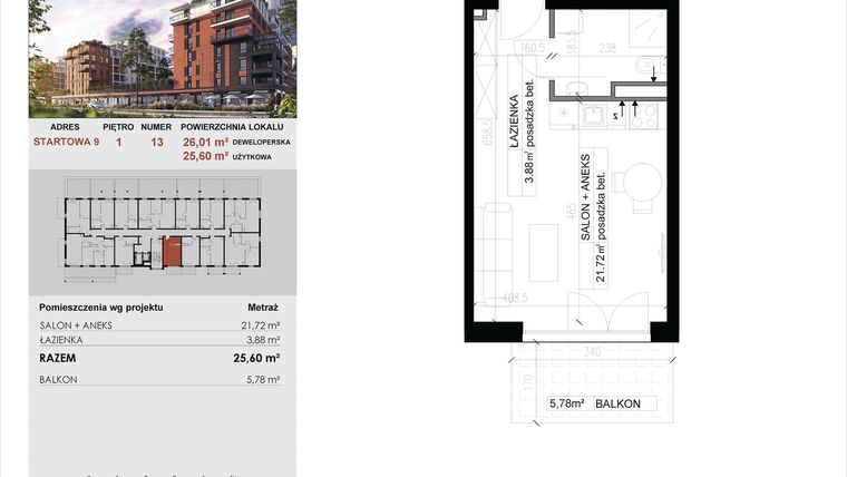 Rzut - Mieszkanie na sprzedaż 1 pokój o powierzchni 25,6 m² - numer 13 w M|City