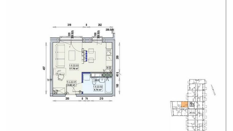 Rzut - Mieszkanie na sprzedaż 1 pokój o powierzchni 26,78 m² - numer 1/5/22/1a w Gwarna