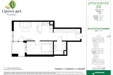 Rzut - Mieszkanie na sprzedaż 2 pokoje o powierzchni 45,23 m² - numer 84B w Lipowa 49A - Apartamenty inwestycyjne