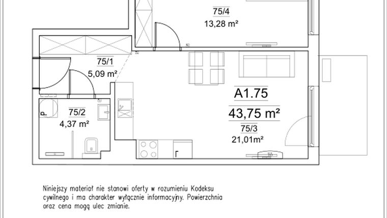 Rzut - Mieszkanie na sprzedaż 2 pokoje o powierzchni 43,75 m² - numer 5A/75 w FORTnatura etap II