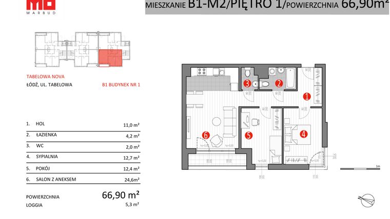 Rzut - Mieszkanie na sprzedaż 3 pokoje o powierzchni 66,9 m² - numer B1-M2 w Tabelowa NOVA