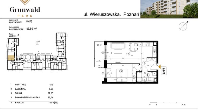 Rzut - Mieszkanie na sprzedaż 2 pokoje o powierzchni 43,8 m² - numer 8 H/5 w Grunwald Park