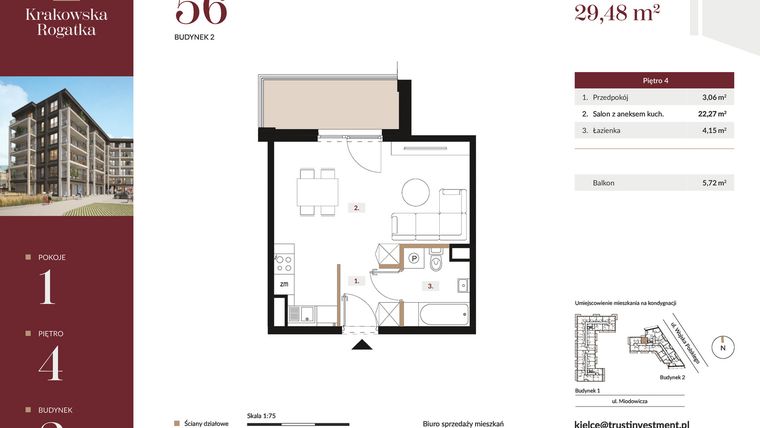 Rzut - Mieszkanie na sprzedaż 1 pokój o powierzchni 29,48 m² - numer 2.M56 w Krakowska Rogatka
