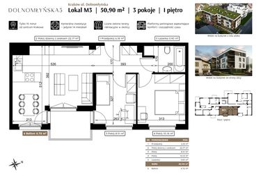 Rzut - Mieszkanie na sprzedaż 3 pokoje o powierzchni 50,9 m² - numer M3 w Dolnomłyńska 5