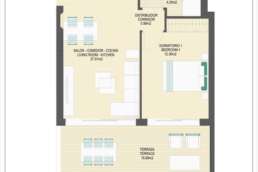 Rzut - Mieszkanie na sprzedaż 2 pokoje o powierzchni 61,18 m² - numer B64C w Arrecife by UrbinCasa