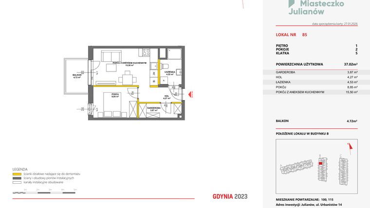 Rzut - Mieszkanie na sprzedaż 2 pokoje o powierzchni 36,78 m² - numer 85 w Miasteczko Julianów