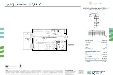 Rzut - Mieszkanie na sprzedaż 1 pokój o powierzchni 28,75 m² - numer BA0113 w Orneko