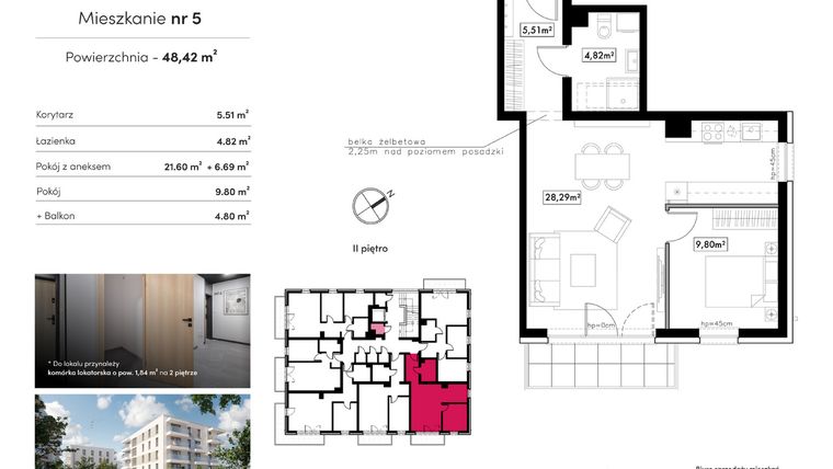 Rzut - Mieszkanie na sprzedaż 2 pokoje o powierzchni 48,42 m² - numer B22.M5 w Novum Rumia - bud. 22