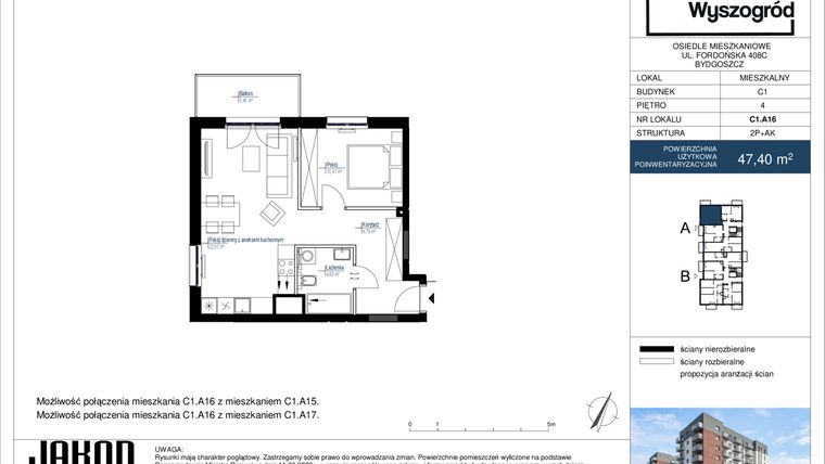 Rzut - Mieszkanie na sprzedaż 2 pokoje o powierzchni 47,4 m² - numer C1.A16 w Nowy Wyszogród etap II