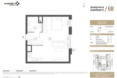 Rzut - Mieszkanie na sprzedaż 1 pokój o powierzchni 40,2 m² - numer 68 w Garbary 68