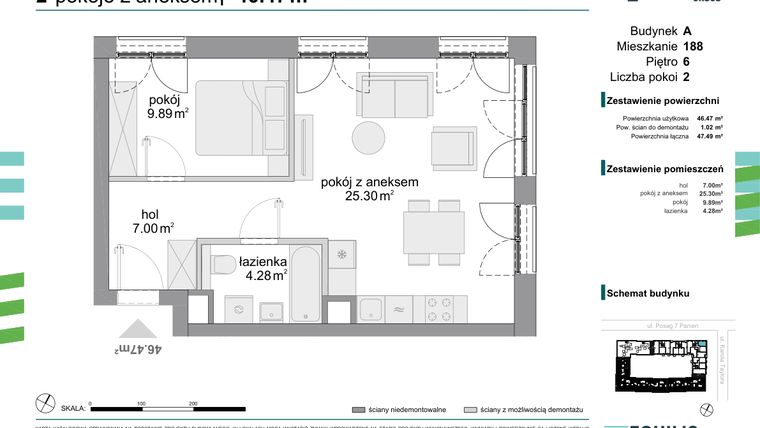 Rzut - Mieszkanie na sprzedaż 2 pokoje o powierzchni 46,47 m² - numer 188 w Osiedle Fokus Ursus