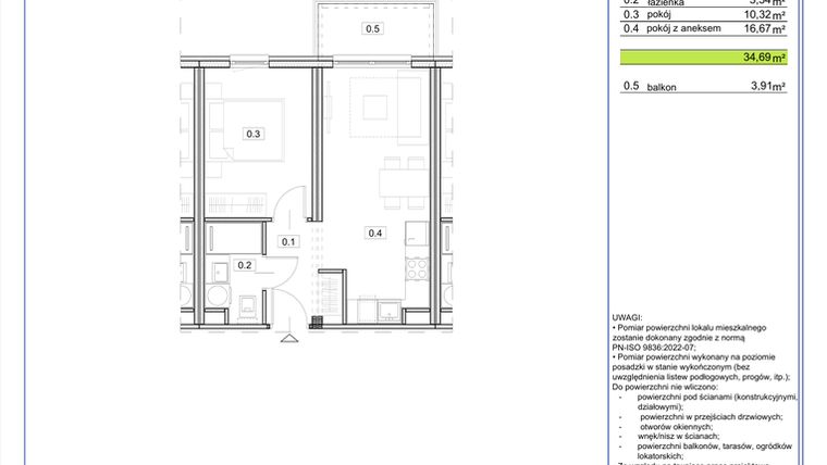 Rzut - Mieszkanie na sprzedaż 2 pokoje o powierzchni 34,69 m² - numer B.23 w EcoBerensona II