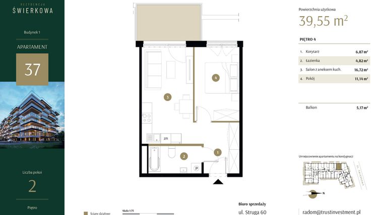 Rzut - Mieszkanie na sprzedaż 2 pokoje o powierzchni 39,55 m² - numer 37 w Rezydencja Świerkowa
