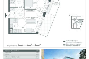 Rzut - Mieszkanie na sprzedaż 2 pokoje o powierzchni 37,12 m² - numer M-1 w Unikat Apartamenty D