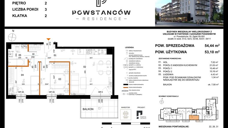 Rzut - Mieszkanie na sprzedaż 3 pokoje o powierzchni 54,44 m² - numer 25 w Powstańców Residence