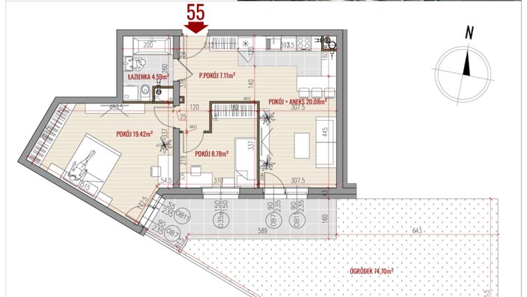 Rzut - Mieszkanie na sprzedaż 3 pokoje o powierzchni 59,98 m² - numer 55 w HUZAR B3