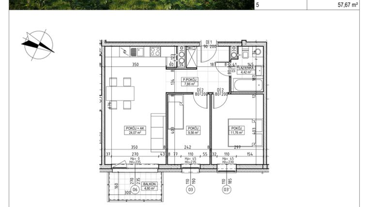 Rzut - Mieszkanie na sprzedaż 3 pokoje o powierzchni 57,67 m² - numer C3.04.54 w Osiedle Panorama Wiślana Etap III - budynek C3