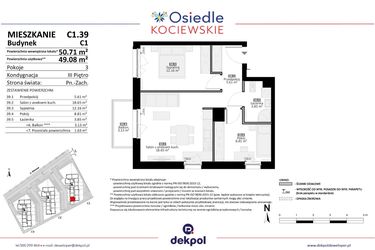 Rzut - Mieszkanie na sprzedaż 3 pokoje o powierzchni 49,08 m² - numer C1.39 w Osiedle Kociewskie etap III