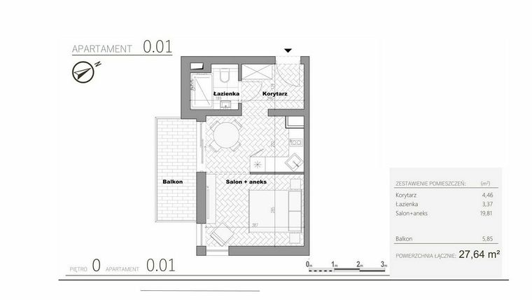 Rzut - Mieszkanie na sprzedaż 1 pokój o powierzchni 27,64 m² - numer 1.1 w Villa Książąt Pomorskich