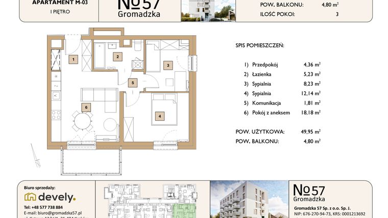 Rzut - Mieszkanie na sprzedaż 3 pokoje o powierzchni 49,95 m² - numer M-03 w Gromadzka 57