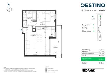 Rzut - Mieszkanie na sprzedaż 2 pokoje o powierzchni 44,45 m² - numer A-13 w Destino