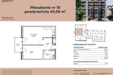 Rzut - Mieszkanie na sprzedaż 2 pokoje o powierzchni 45,06 m² - numer M16 w Plac Słowiański 9