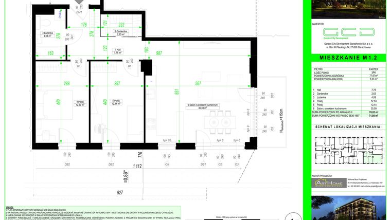 Rzut - Mieszkanie na sprzedaż 3 pokoje o powierzchni 70,02 m² - numer 1.2. w City Park Apartments