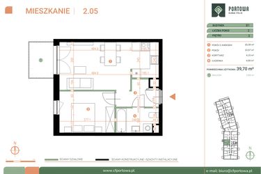 Rzut - Mieszkanie na sprzedaż 2 pokoje o powierzchni 39,7 m² - numer M.02.05 w Casa Feliz Portowa II